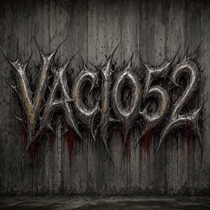 VACIO52 album cover: chrome spiked VACIO52 lettering dripping red on a concrete wall